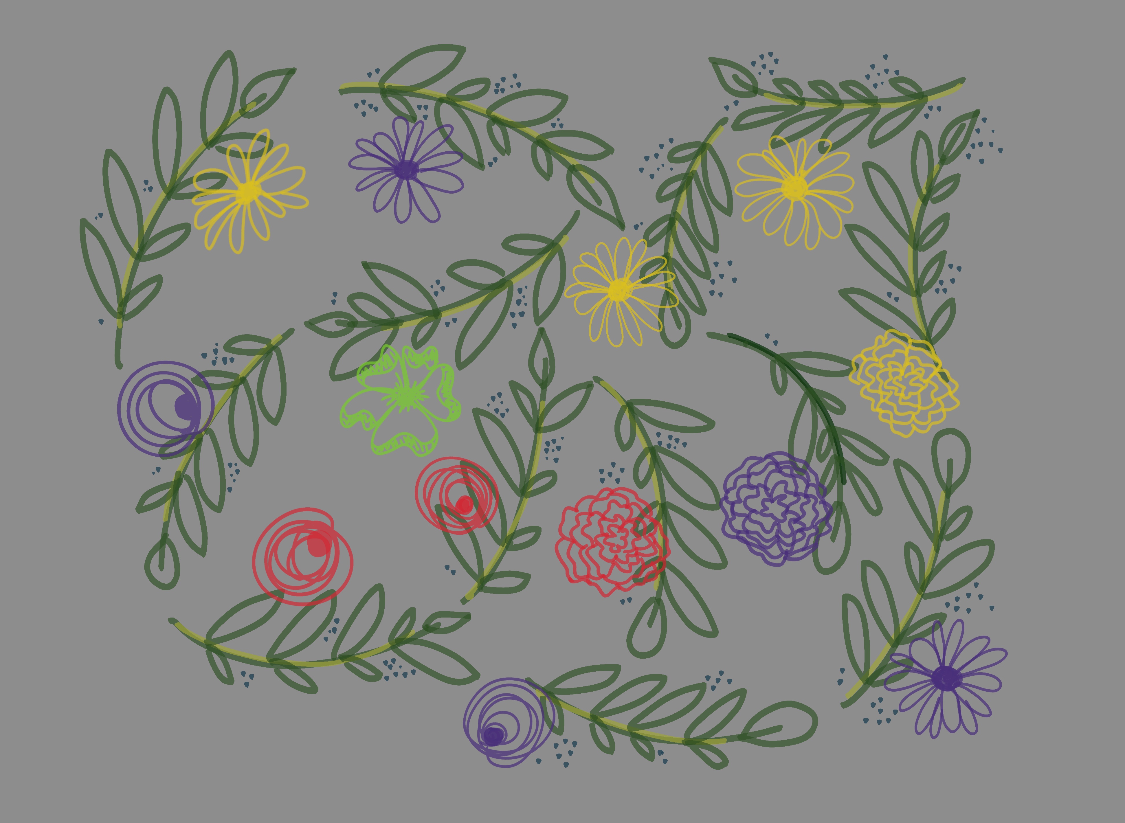 Floral inspired visualization with green, red, purple and yellow flowers on a gray background