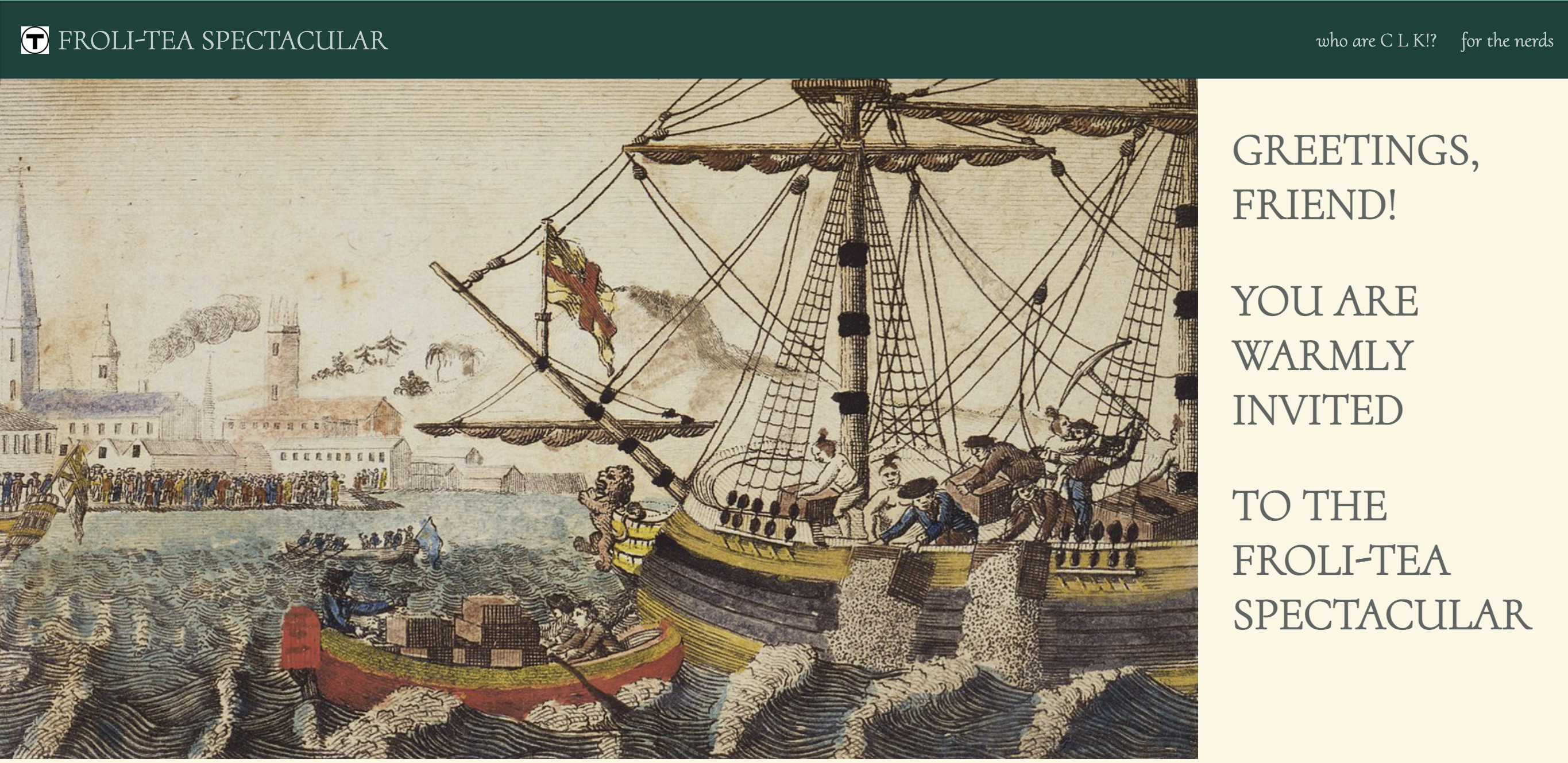 A screenshot of a website, featuring an image of the Boston tea party