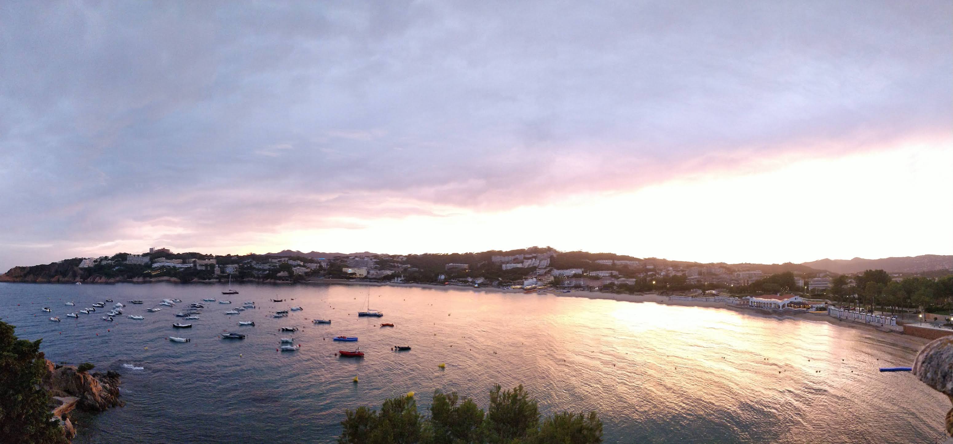 Panoramic sunset view of the water and beach in S'Agaro Spain