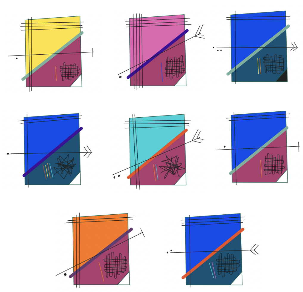 data portraits, one for each member of my team. Each portrait is colorful rectangle with abstract shapes/doodles