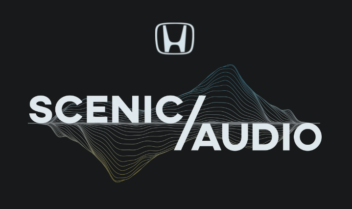 logo for project that says 'scenic audio' with wavy lines behind it. Honda logo above scenic audio logo